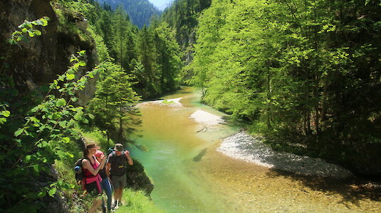Forest and river landscape with hikers. Copyright by Bernd Pfleger.