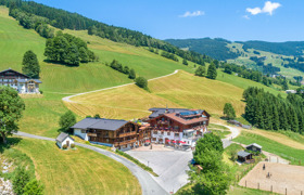 Die Hotel Pension Seighof, mit braun-rotem Hauptgebäude und als Stall mit dunklem Holz verkleidetem Nebengebäude, steht inmitten von grünen Feldern und wiesen im Hochsommer.