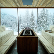 Sauna mit Blick auf die winterliche Waldlandschaft