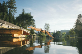 Person springt bei sonnigem Wetter kopf&uuml;ber in einen ruhigen Naturbadeteich, umgeben von Wald, Holzsteg und Bergen im Hintergrund.