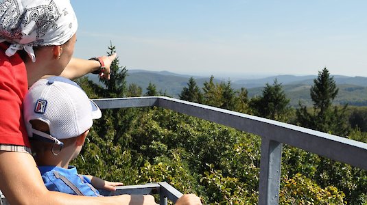 Vater und Sohn genießen die Aussicht im Wienerwald