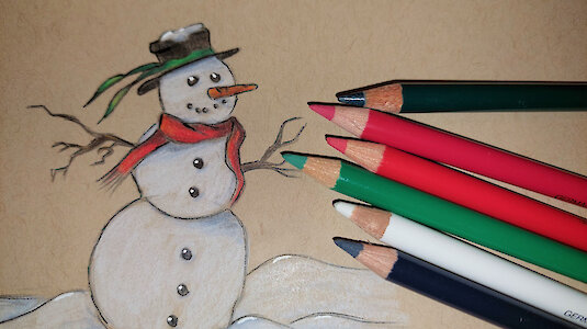 Schneemann gezeichnet mit Buntstiften