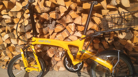 Fahrrad vor Holzstoß